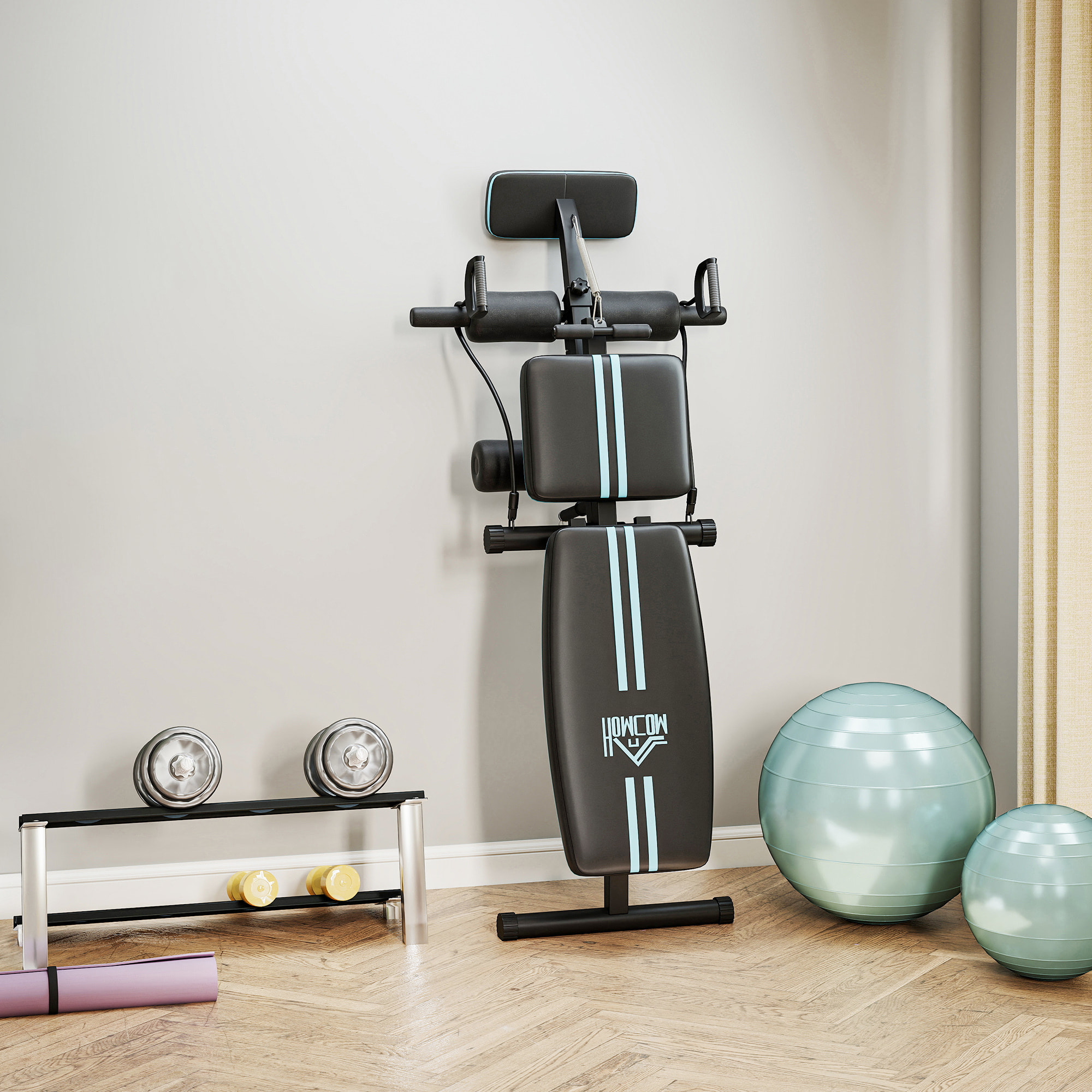 Banc de musculation pliable inclinable réglable sangles élastiques + support haltères inclus acier noir bleu