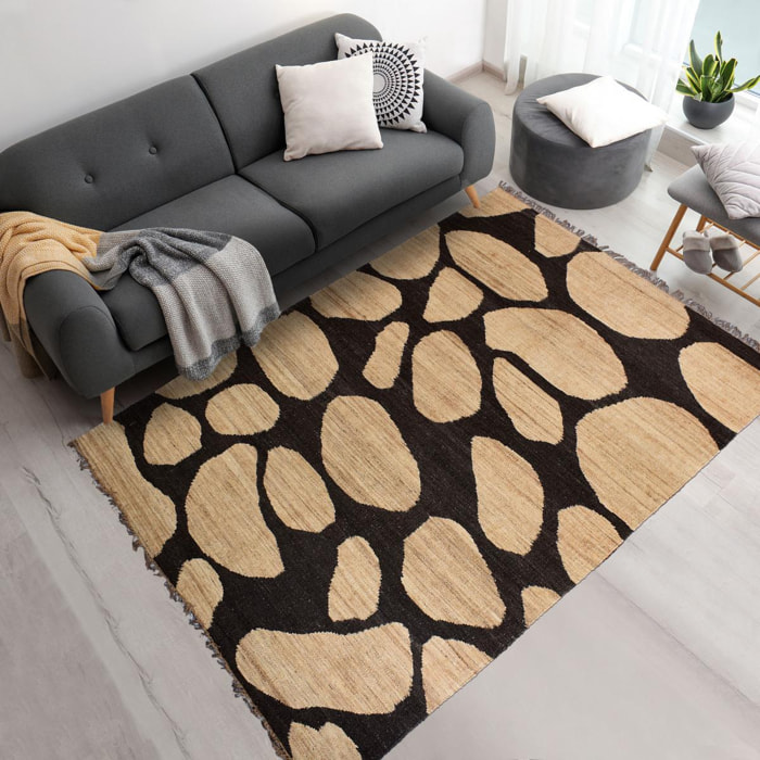 Tapis Kilim FIca tissé à la main en jute avec des formes rondes pour motif