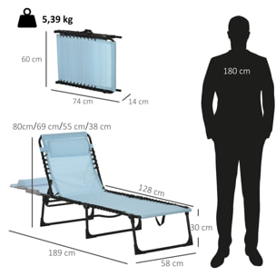 Tumbona Plegable, Tumbona Jardín Exterior Reclinable 4 Posiciones con Reposacabezas y Marco de Acero, Carga 120 kg, para Terraza, Piscina, Playa, 189x58x30 cm, Verde Azulado