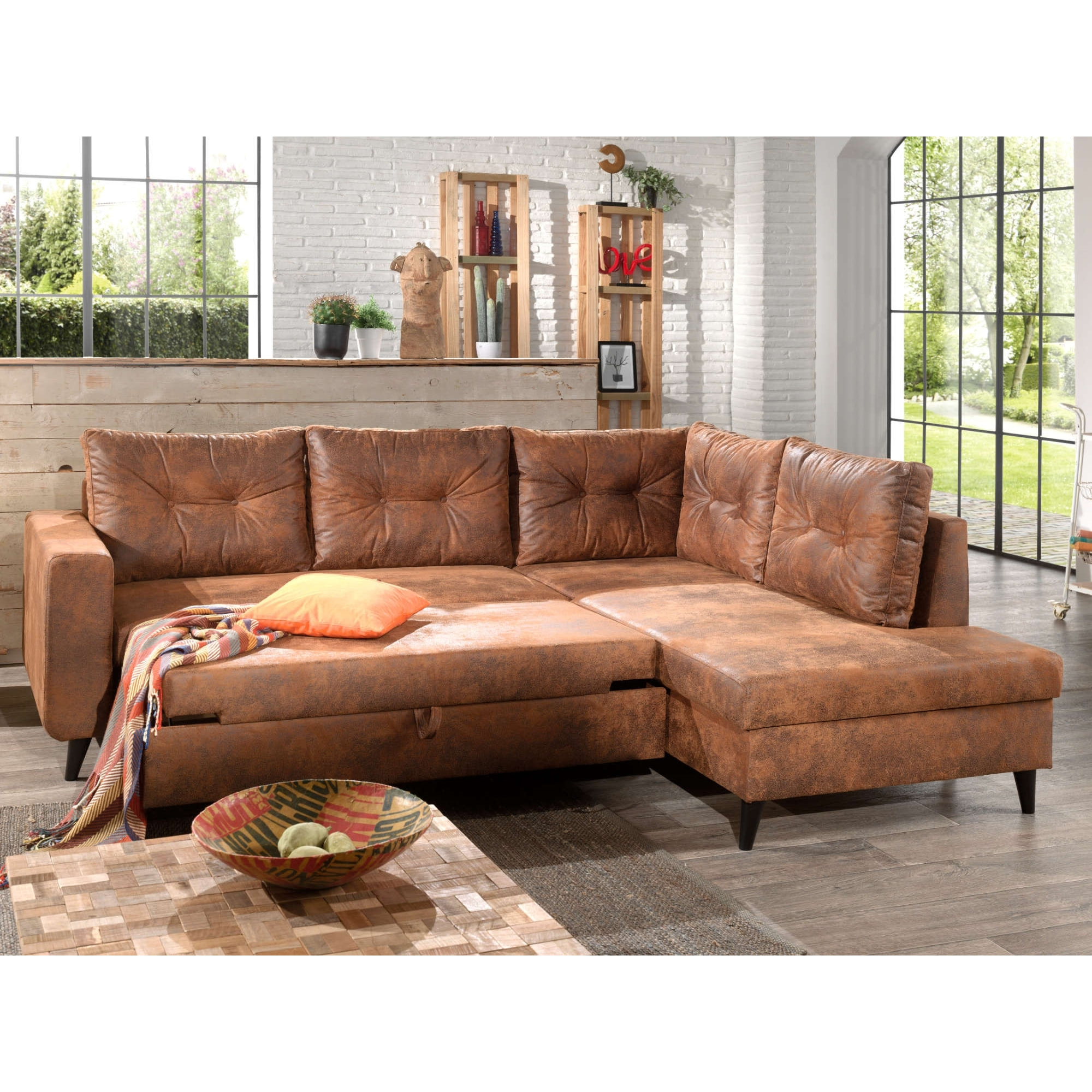 NORDIC - Canapé d'angle L - 5 places - Convertible - Industriel vintage - Droit - Marron