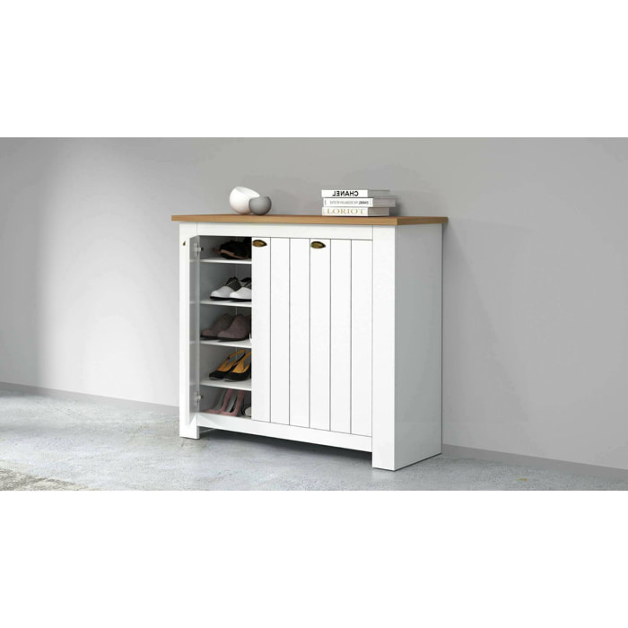 Scarpiera Seprio, Porta scarpe salvaspazio a 3 ante, Armadio multifunzione da ingresso, 114x42h100 cm, Bianco e Rovere