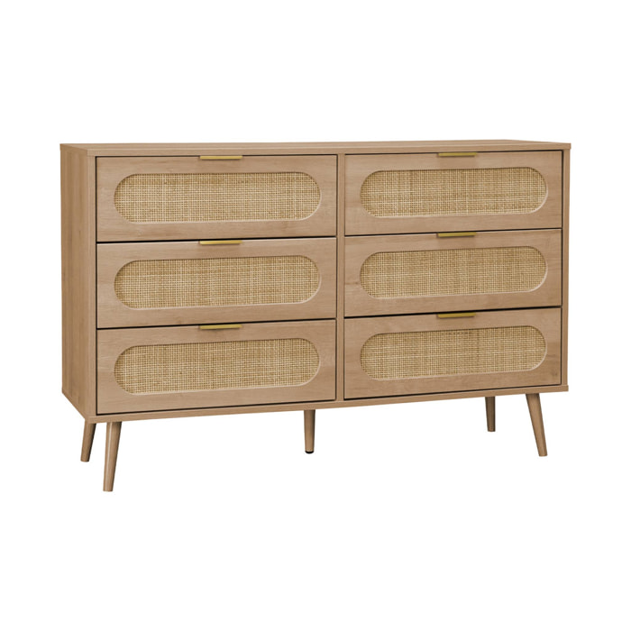 Commode. Eva. 6 tiroirs. décor bois. cannage arrondi L 120 x l 39 x H 79cm