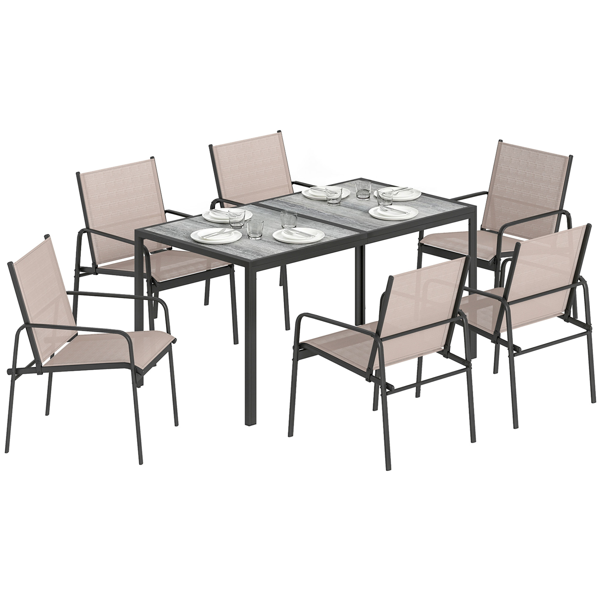 Conjunto de Mesa y Sillas Jardín de 7 Piezas, Muebles de Jardín Exterior con Mesa de Efecto Madera y 6 Sillas con Asiento Transpirable, Marco de Acero Galvanizado, para Terraza, Patio, Caqui