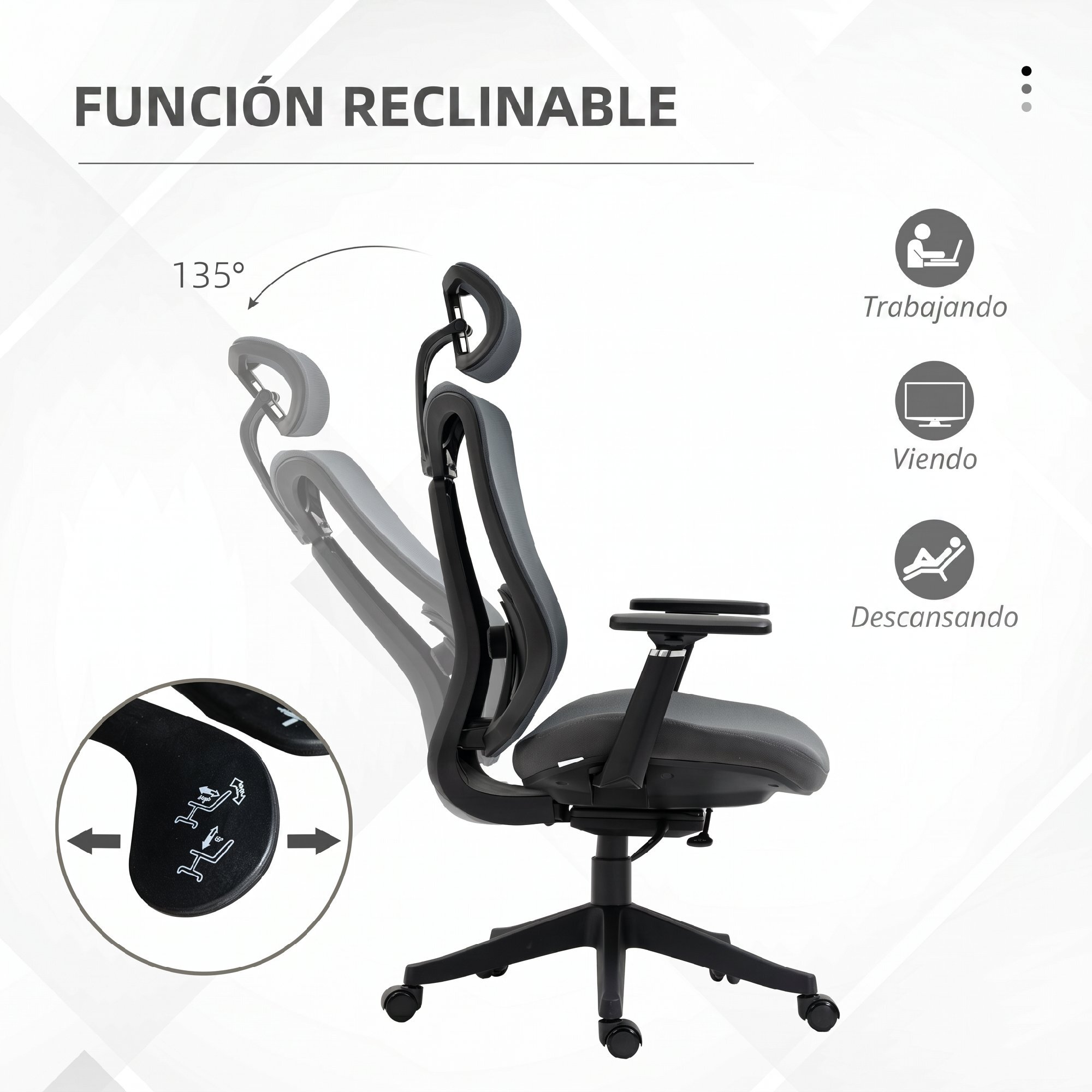 Vinsetto Silla de Oficina de Malla Silla de Escritorio Reclinable con Reposacabezas Ajustable Soporte Lumbar y Reposabrazos 3D Carga 150 kg 70x66x120-128 cm Gris