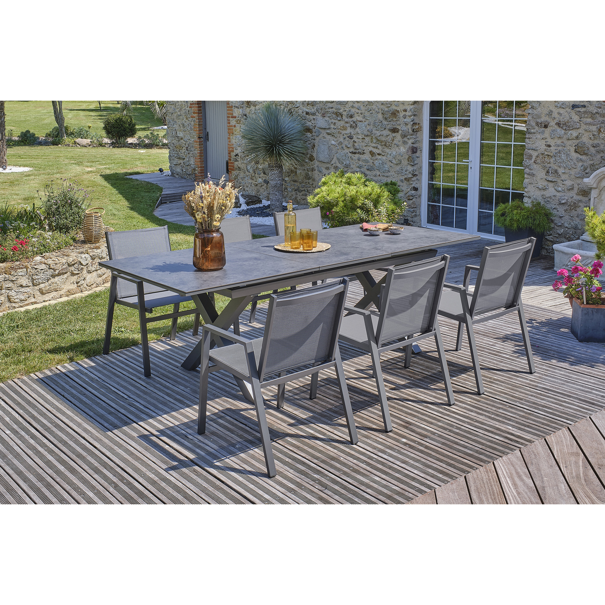 FLORIDE - Ensemble repas de jardin 6 pl plateau céramique sur verre