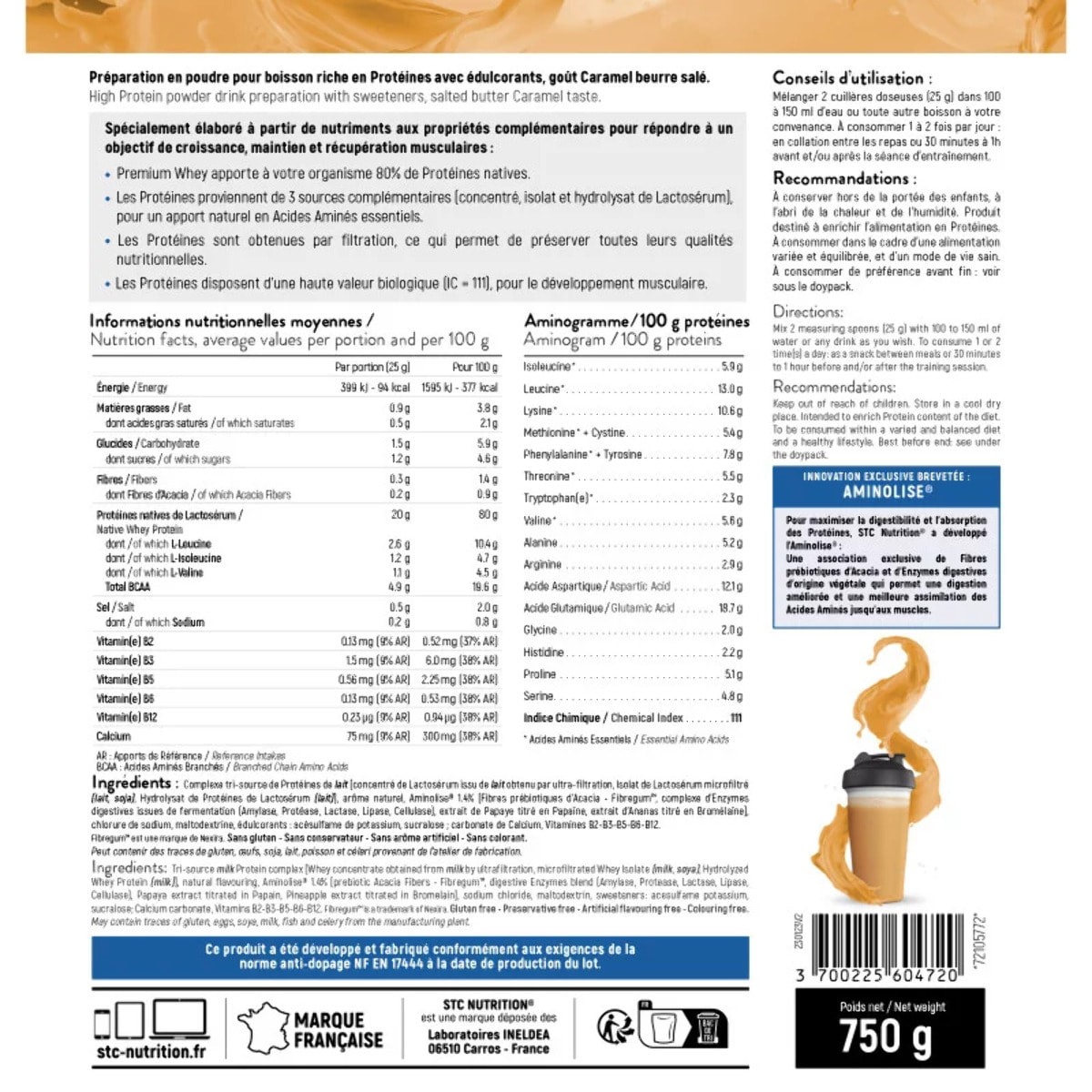 STC NUTRITION - Premium Whey - Protéines Natives Lactosérum Hypocalorique - Développement Musculaire - Aminolise Brevetée 100% Digeste - Sans Colorant ni Gluten - 30 Shakers - 750g - Caramel Beurre Salé