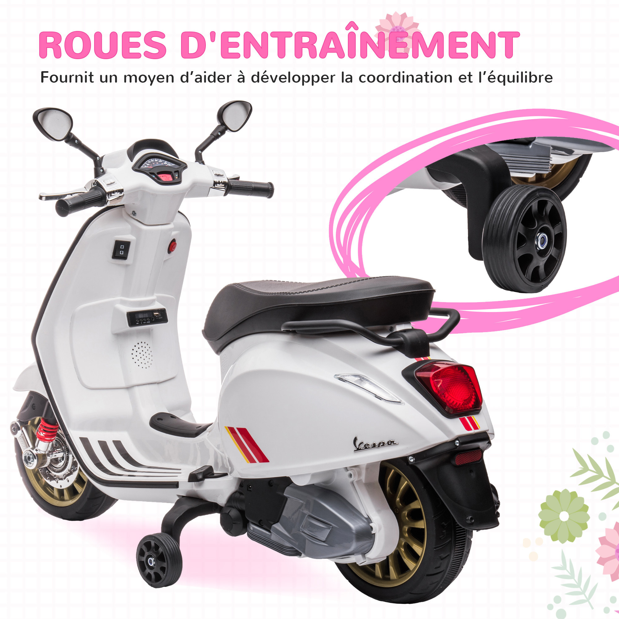 Scooter électrique enfant Vespa 6V - musiques, feu AV, entrée USB, radio FM - 2 roues support aux. - blanc