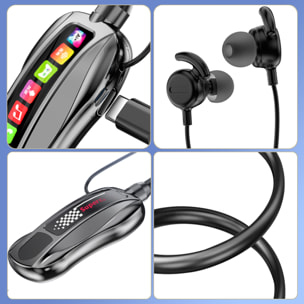 Cuffie con fascia per collo M101S. Funzione di cambio voce, suono 360º e riduzione del rumore AI. Modalità gioco e modalità musica. Bluetooth 5.4 e slot TF.