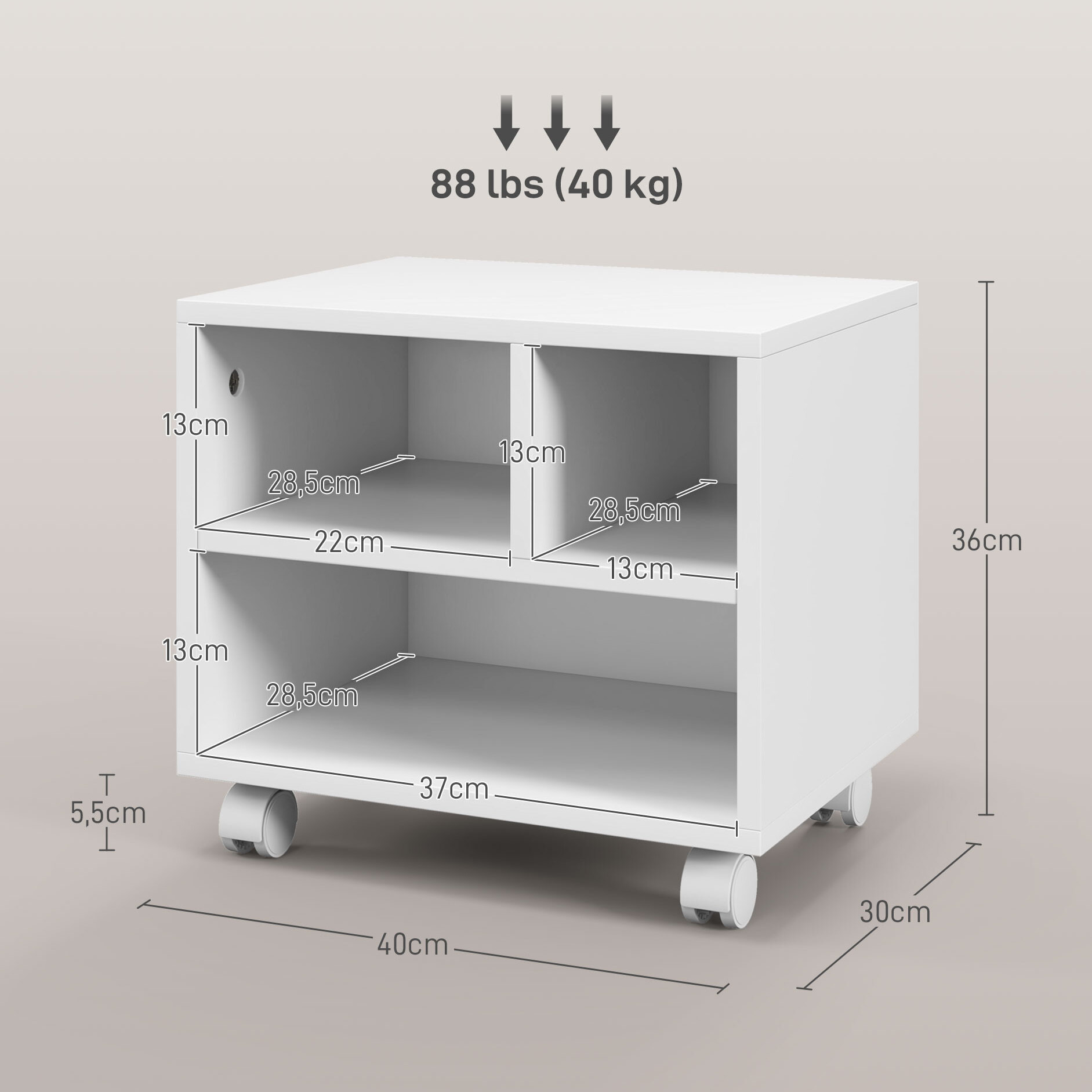 Mueble de Impresora con Ruedas Soporte de Impresora con Compartimentos Abiertos para Oficina Estudio 40x30x36 cm Blanco