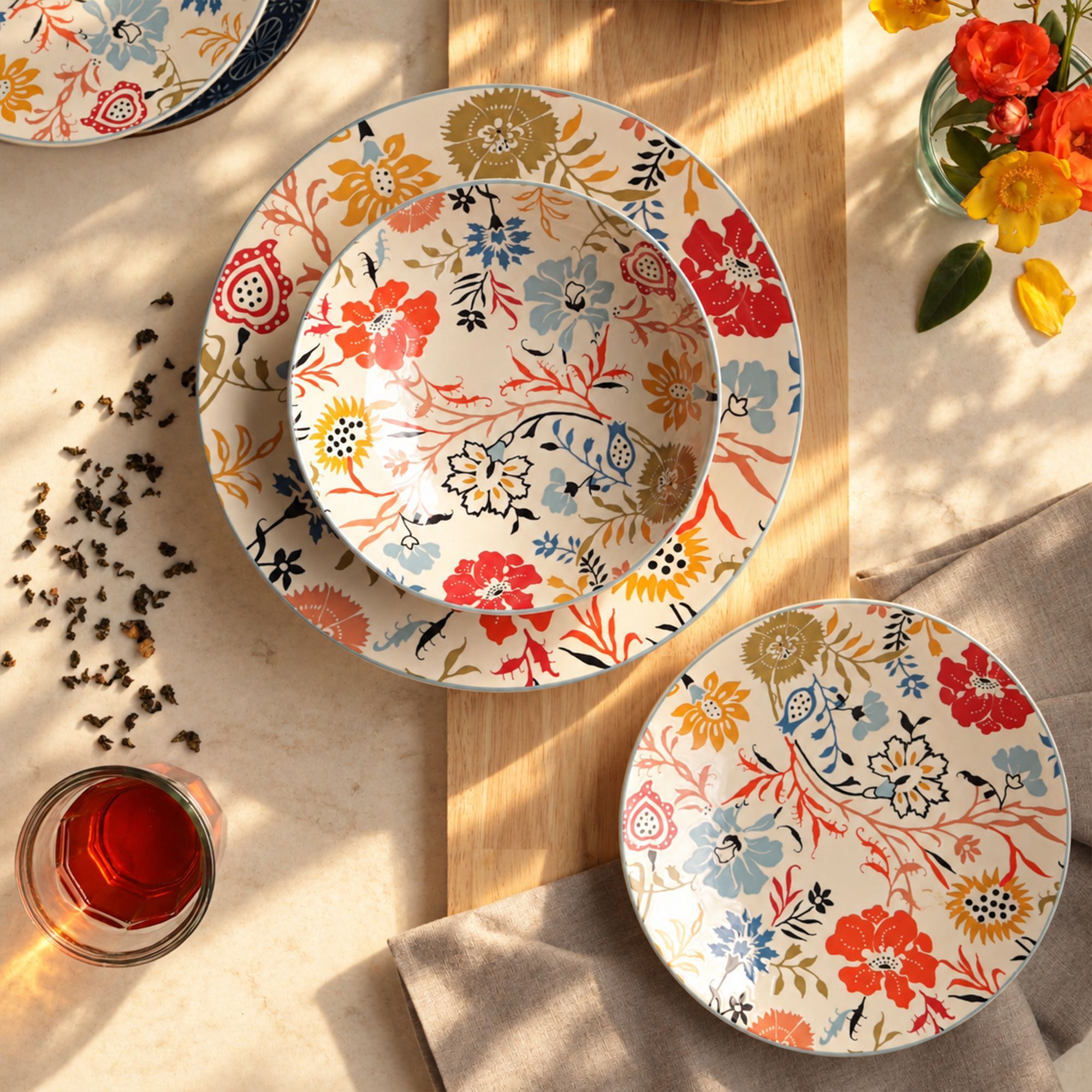 Lot de 6 assiettes plates florales en grès  27cm JAIPUR