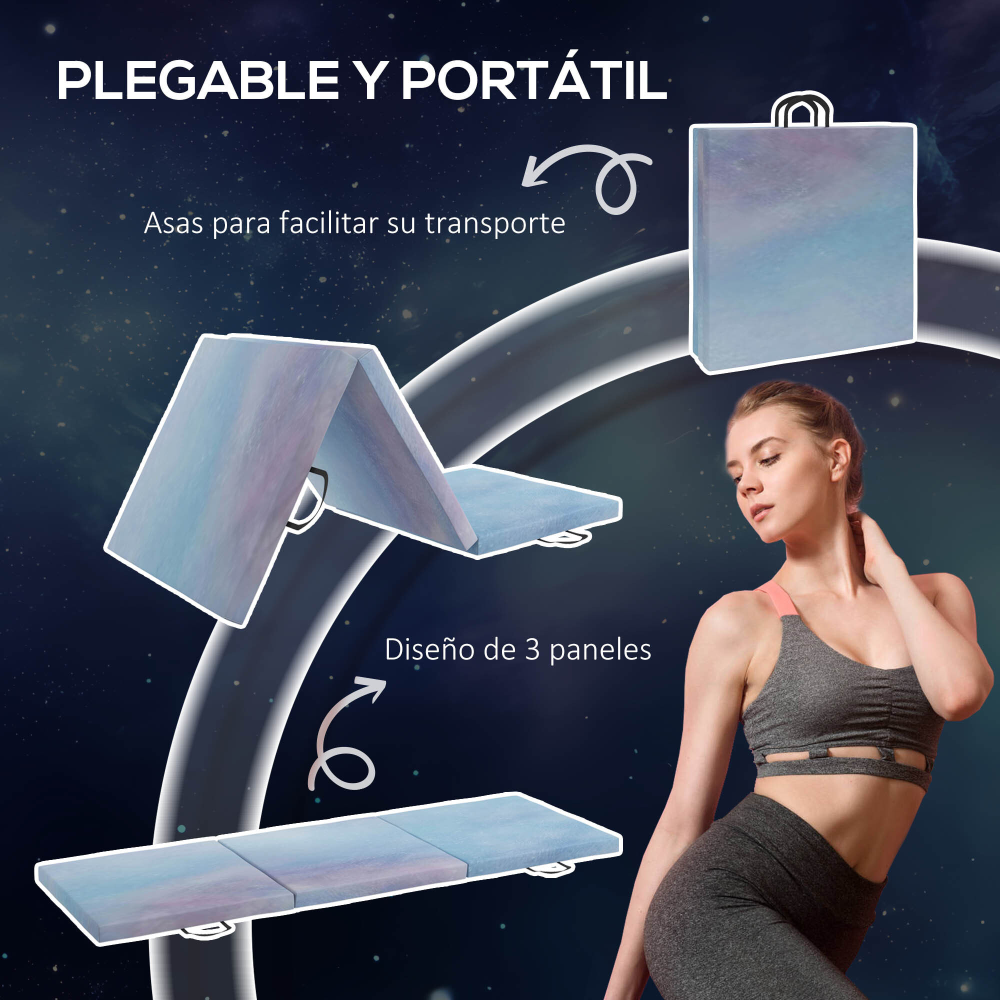 Colchoneta Gimnasia Plegable de Grosor 5 cm, Tapete de Ejercicio, 180x60x5 cm, con Asas de Transporte, Esterilla de Gimnasia para Yoga, Aeróbic, Artes Marciales, Azul Degradado
