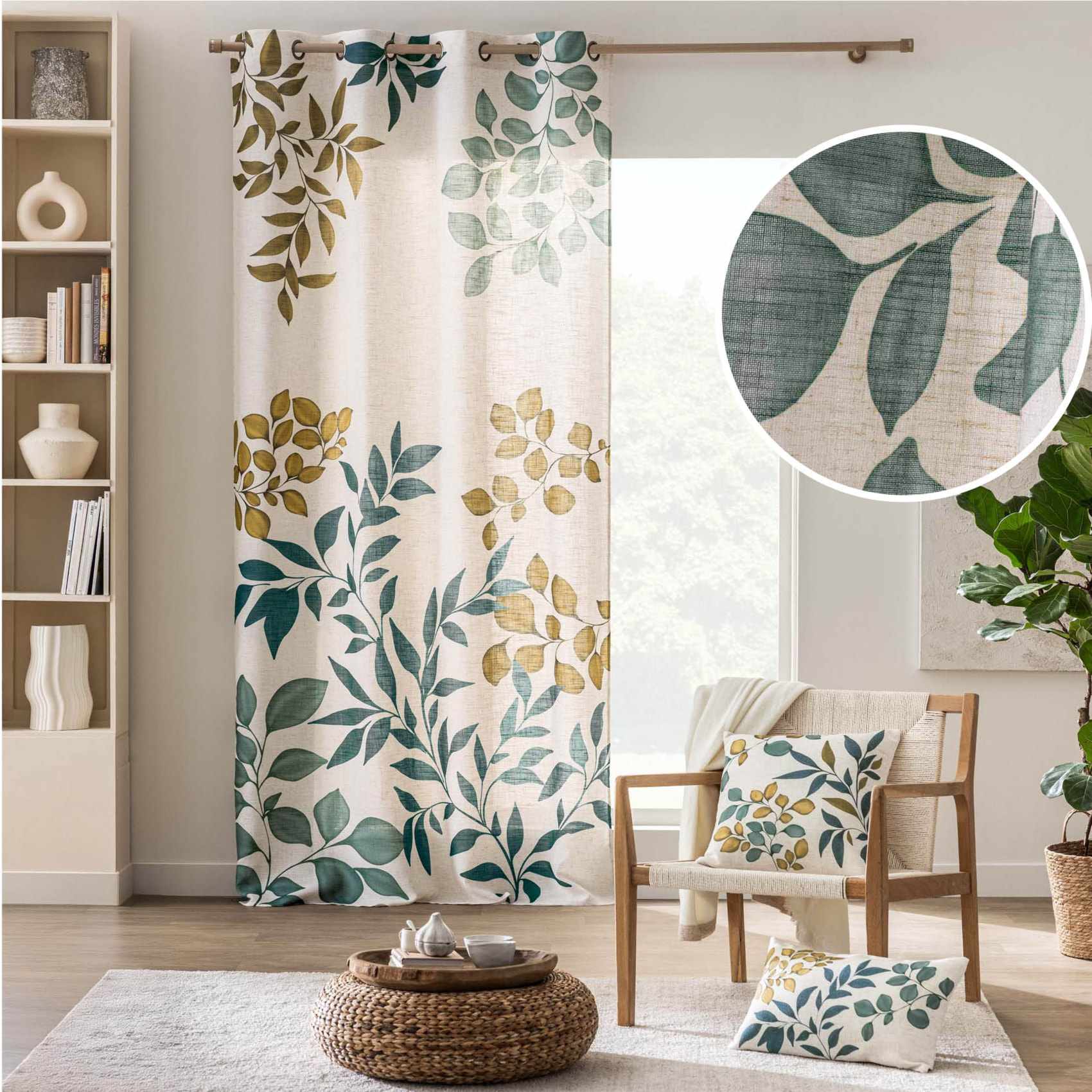 Rideau à œillets polylin imprimé feuillages tamisant - Naturel