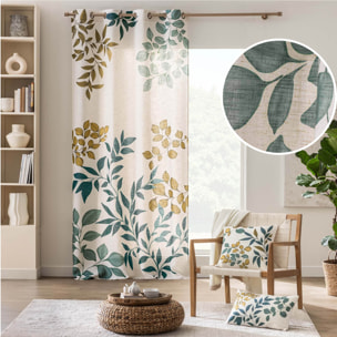 Rideau à œillets polylin imprimé feuillages tamisant - Naturel