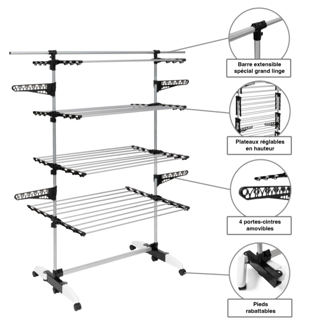 Séchoir Optima noir et blanc 4 niveaux - 40m d'étendage
