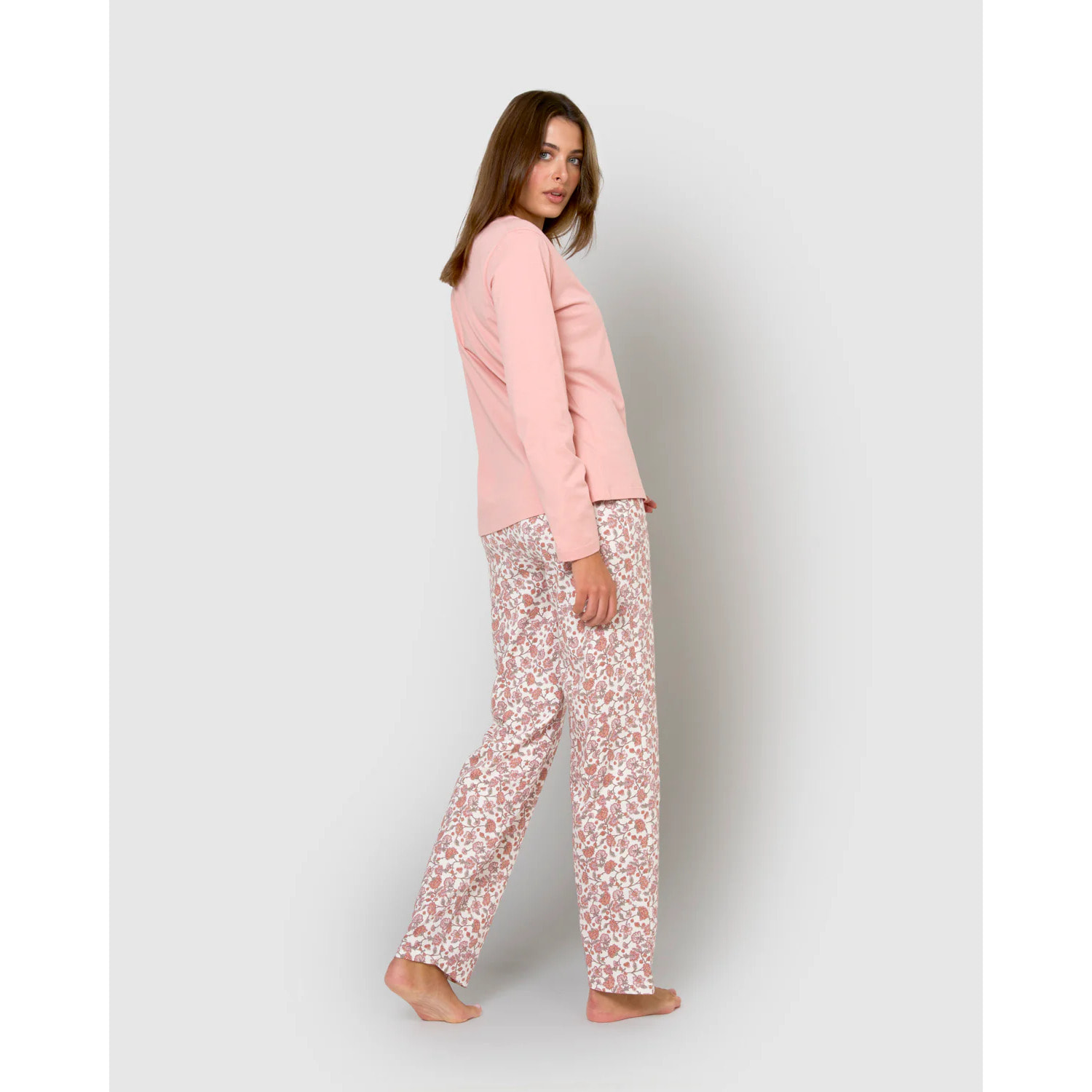 Pigiama lungo in cotone rosa pallido meghan con scollo a v