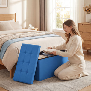 Puff Almacenaje, Banco Almacenaje Plegable, 84 L, 76x38x38 cm, Tapizado en Lino Sintético, Baúl de Almacenamiento, Carga 120 kg, Taburete para Sala de Estar, Dormitorio, Entrada, Azul Claro