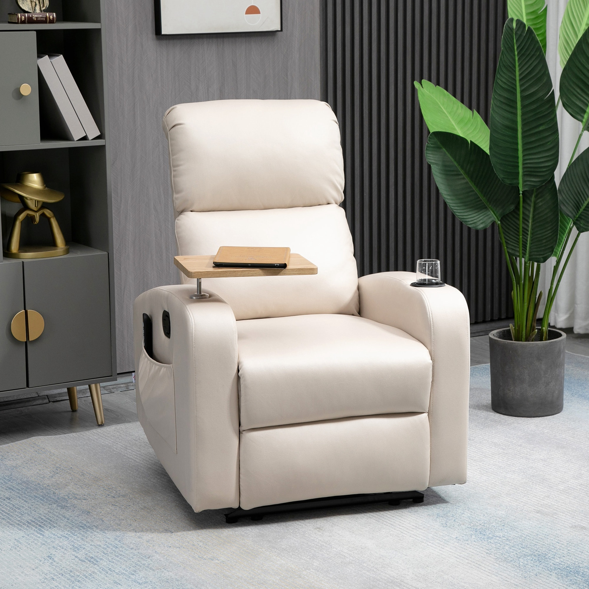 Fauteuil de massage inclinable avec repose-pied télécommande revêtement synthétique tissu beige