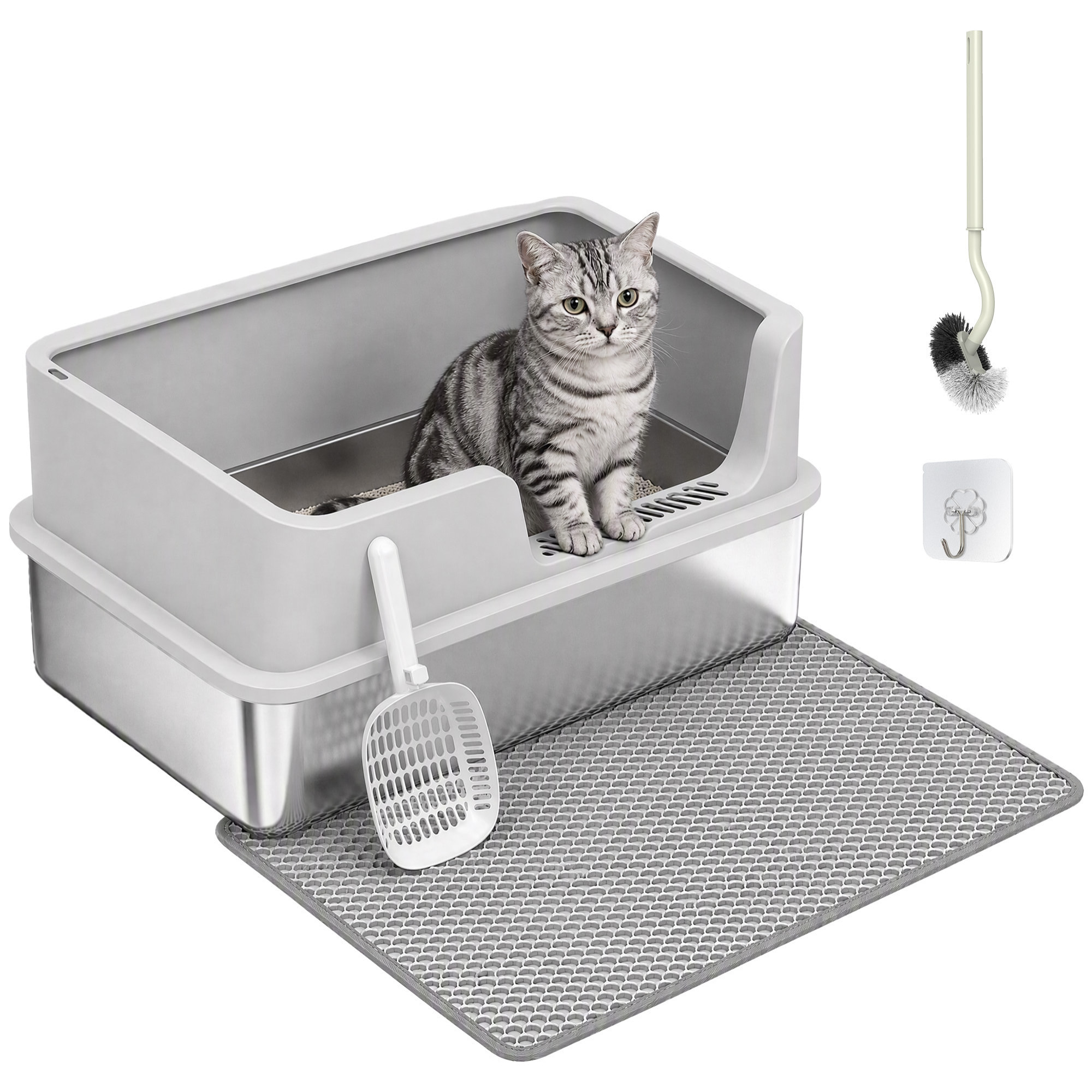 Arenero para Gatos de Acero Inoxidable XL, Caja de Arena para Gatos, Arenero con Borde Alto, Pala, Cepillo, Gancho, Fácil de Limpiar, Antifugas, Gris Claro