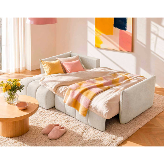 Ambroise - Canapé d'angle gauche 4 places convertible avec coffre en velours texturé - Beige