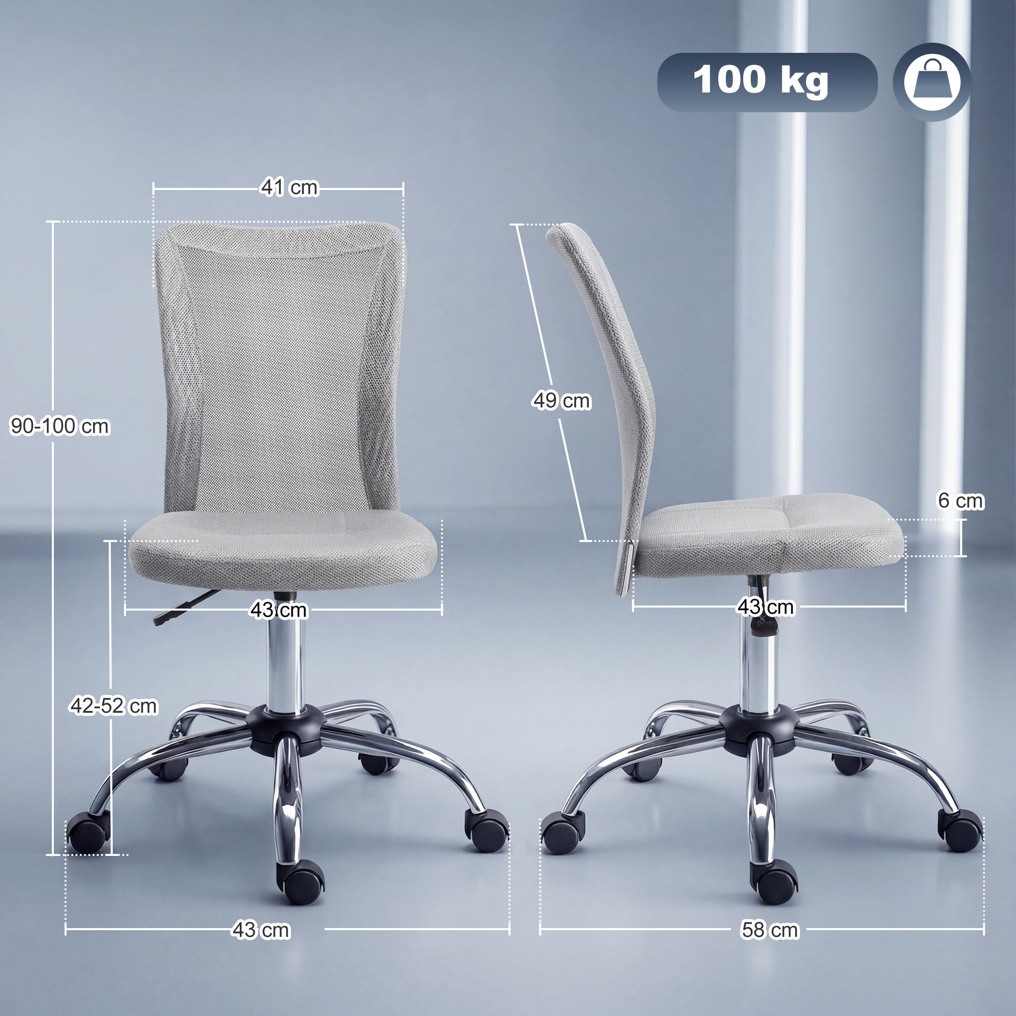 Silla de Oficina de Malla Silla de Escritorio Giratoria sin Brazos con Altura Ajustable Carga 100 kg para Estudio Despacho 43x58x90-100 cm Gris