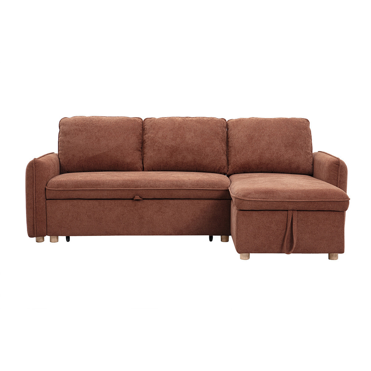 Canapé d'angle convertible réversible avec coffre 3 places en tissu chenille terre brûlée et bois clair ORSO