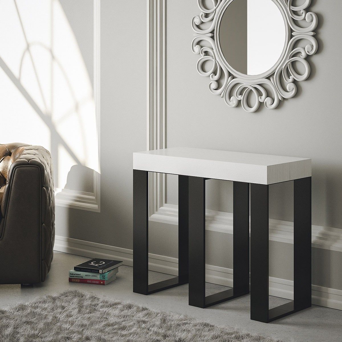 Consolle allungabile 90x40/196 cm Sintesi Small Bianco Frassino telaio Antracite.