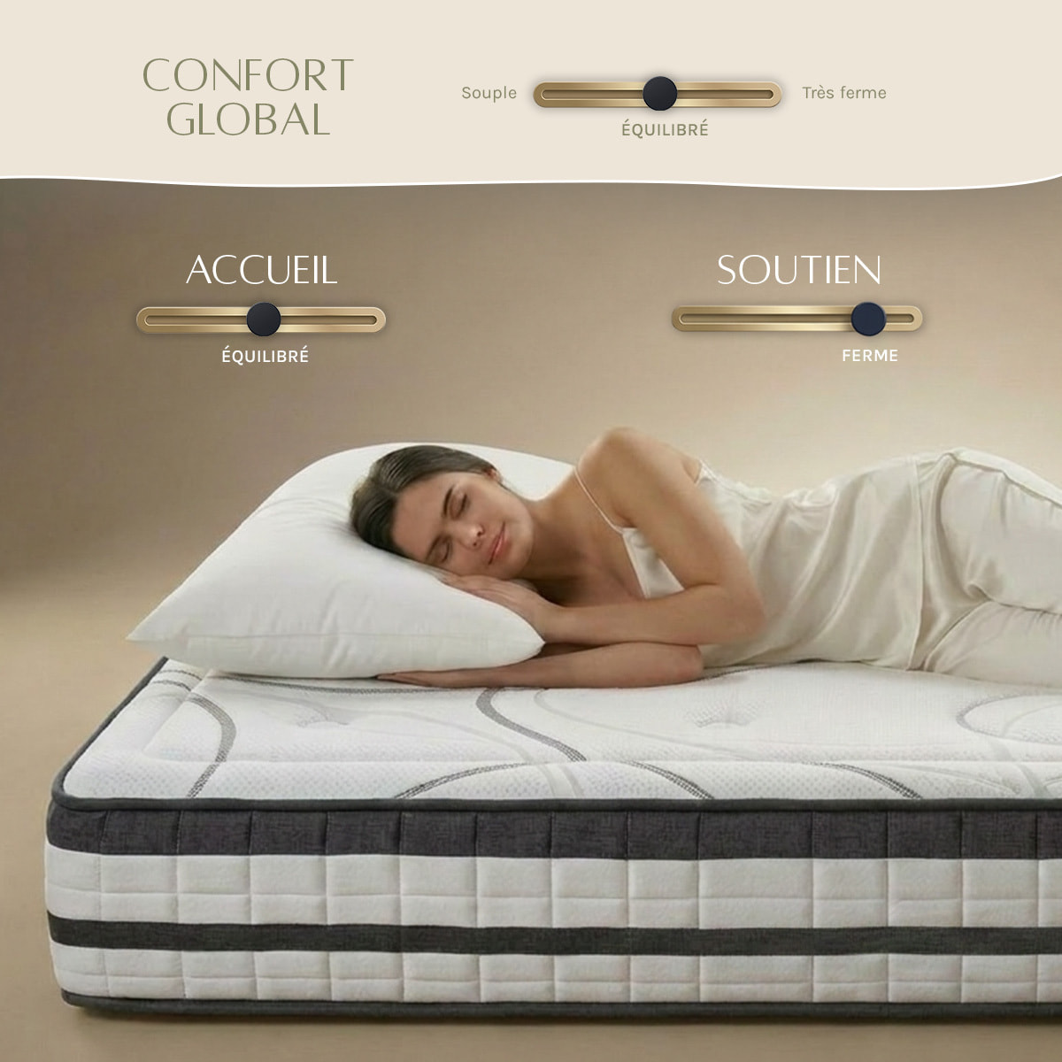 Ensemble Matelas Hybride Concorde & Sommier Tissu, Mémoire de forme & Ressorts ensachés, 26 cm, Technologie Tri-lattes, Soutien Ferme