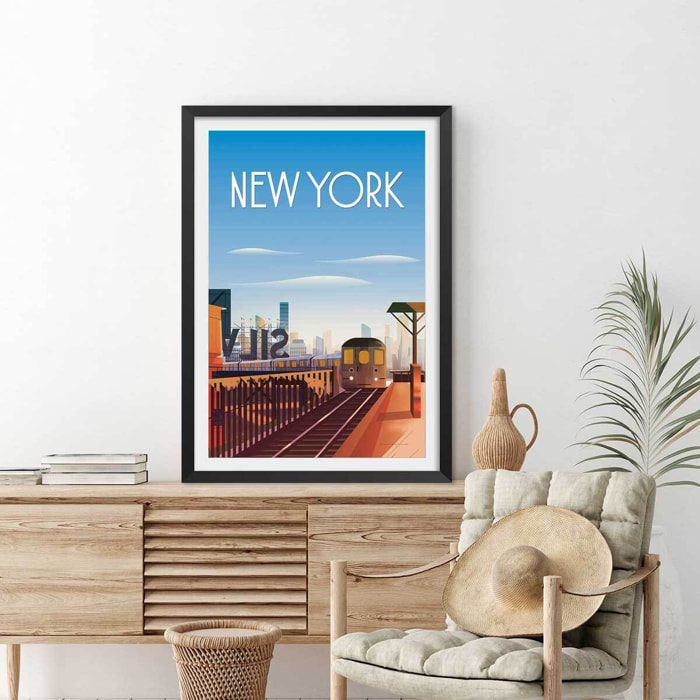 Affiche ville voyage New York City Affiche + cadre en bois - Noir