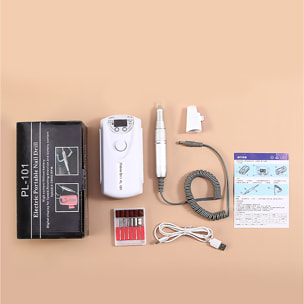 Lucidatrice per unghie con batteria ricaricabile da 2200mAh, fino a 35.000rpm. Velocità regolabile. Include 6 punte di lucidatura e 6 lime.