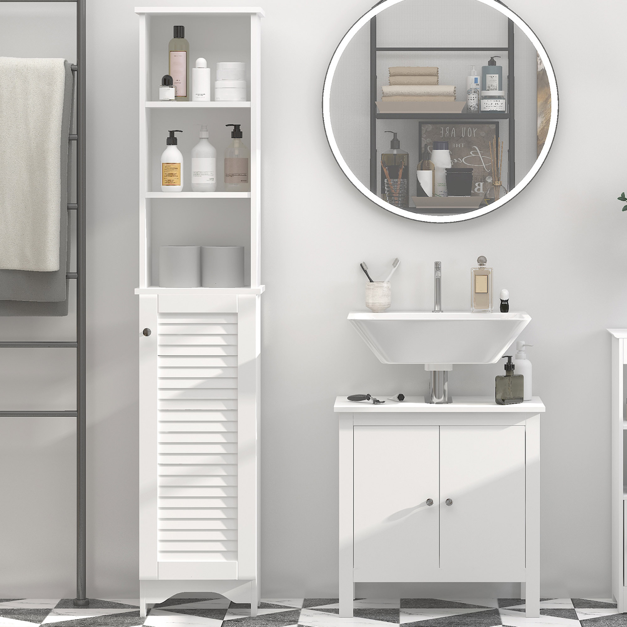 Armario Alto de Baño con 1 Puerta 3 Estantes Balda Ajustable 34x20x165 cm Blanco