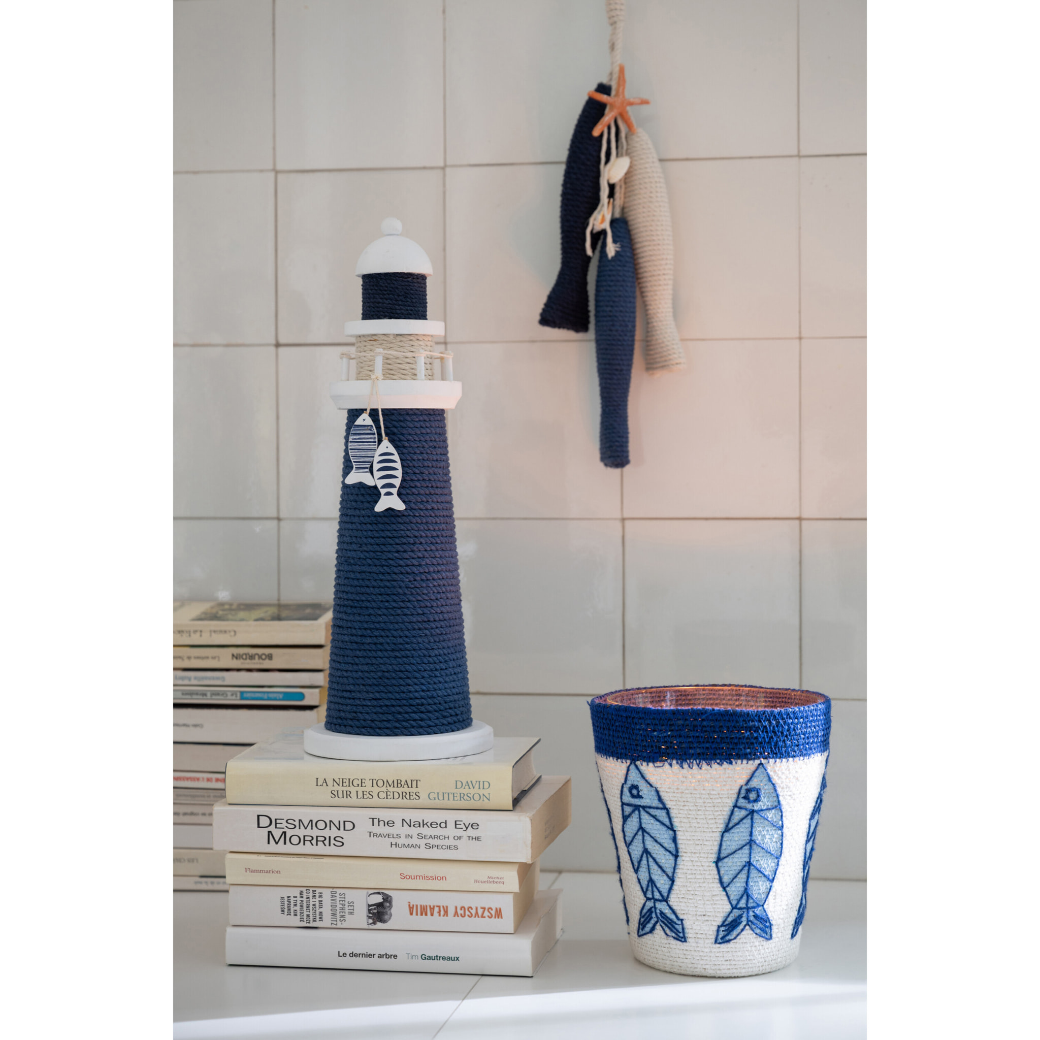 J-Line Phare décoratif - corde/bois - bleu/blanc - small