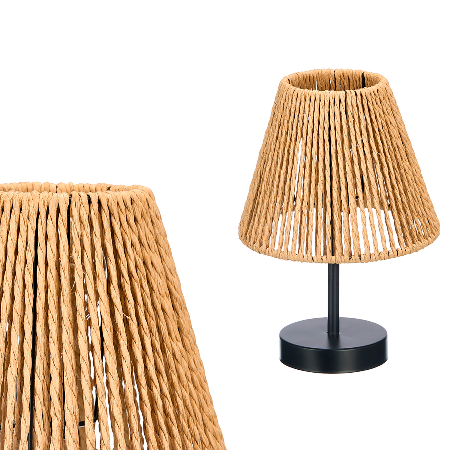 Lampada da tavolo conica in corda naturale.