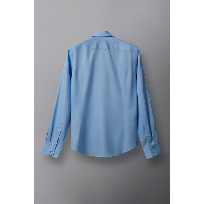 Camicia Uomo 2 Bottoni Button Down Slim Satin Unito Celeste