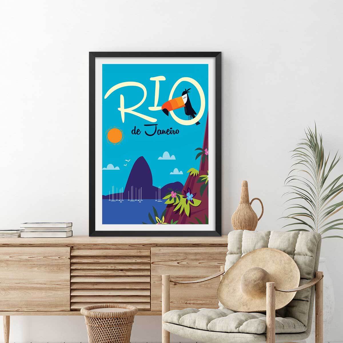 Affiche Toucan à Rio De Janeiro Affiche + cadre en bois - Noir