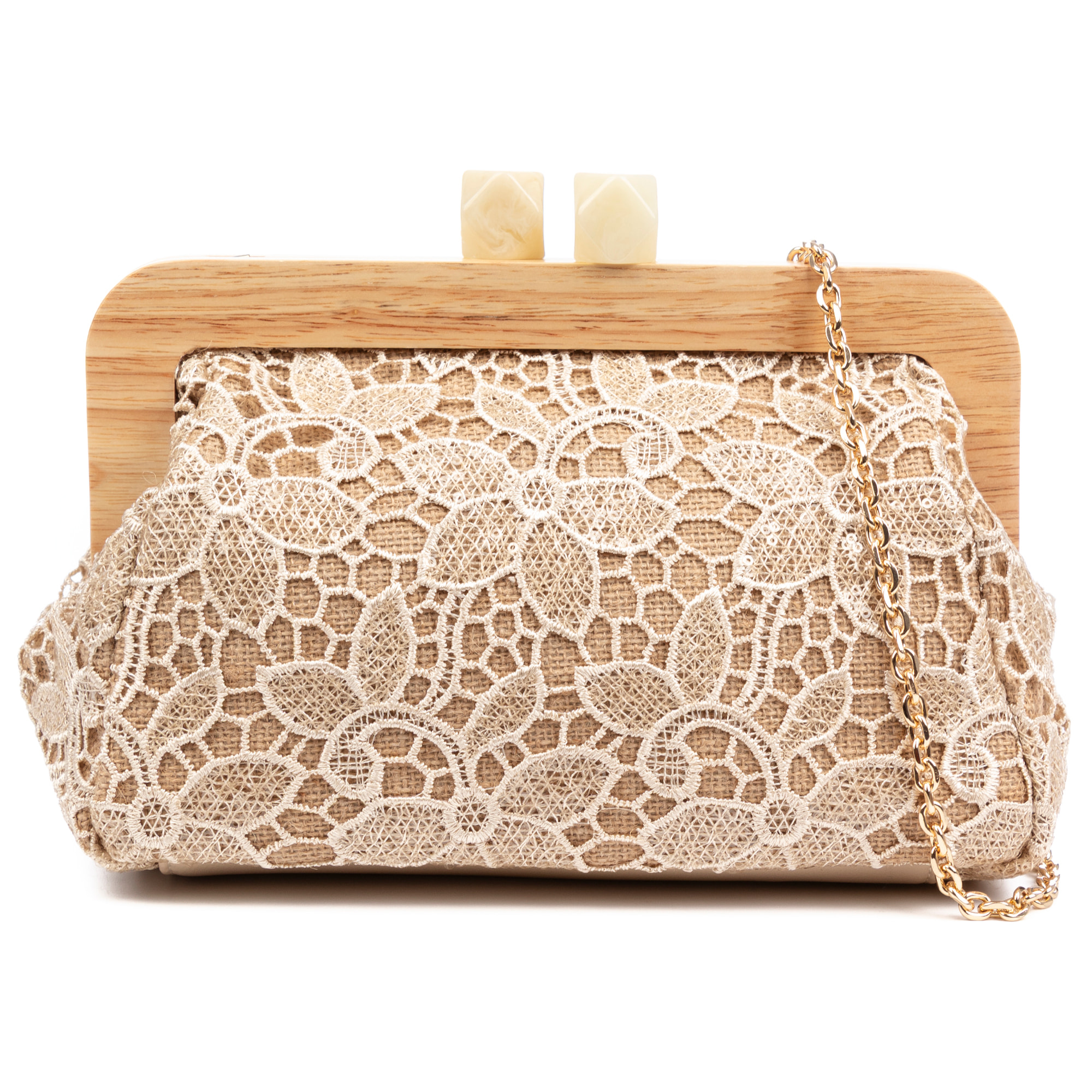 Borbera Borsa a tracolla Donna. Realizzato in legno naturale, cotone e juta con design a rete in tessuto floreale.