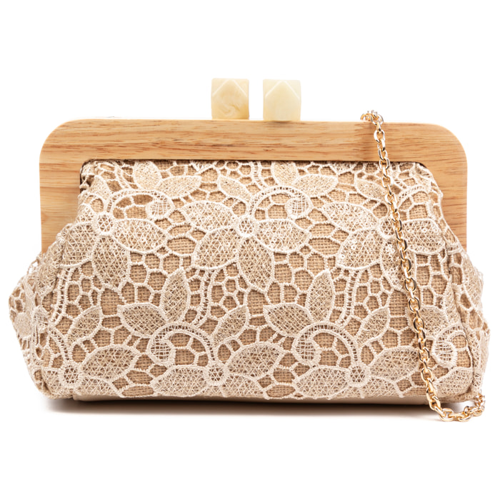 Borbera Borsa a tracolla Donna. Realizzato in legno naturale, cotone e juta con design a rete in tessuto floreale.