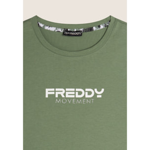 T-shirt donna comfort fit corta con stampa e spacchi