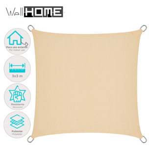 Well Home Paño de Sombra Cuadrado 30x30cm en Poliéster Crema con UPF 50+ y Ganchos de Metal