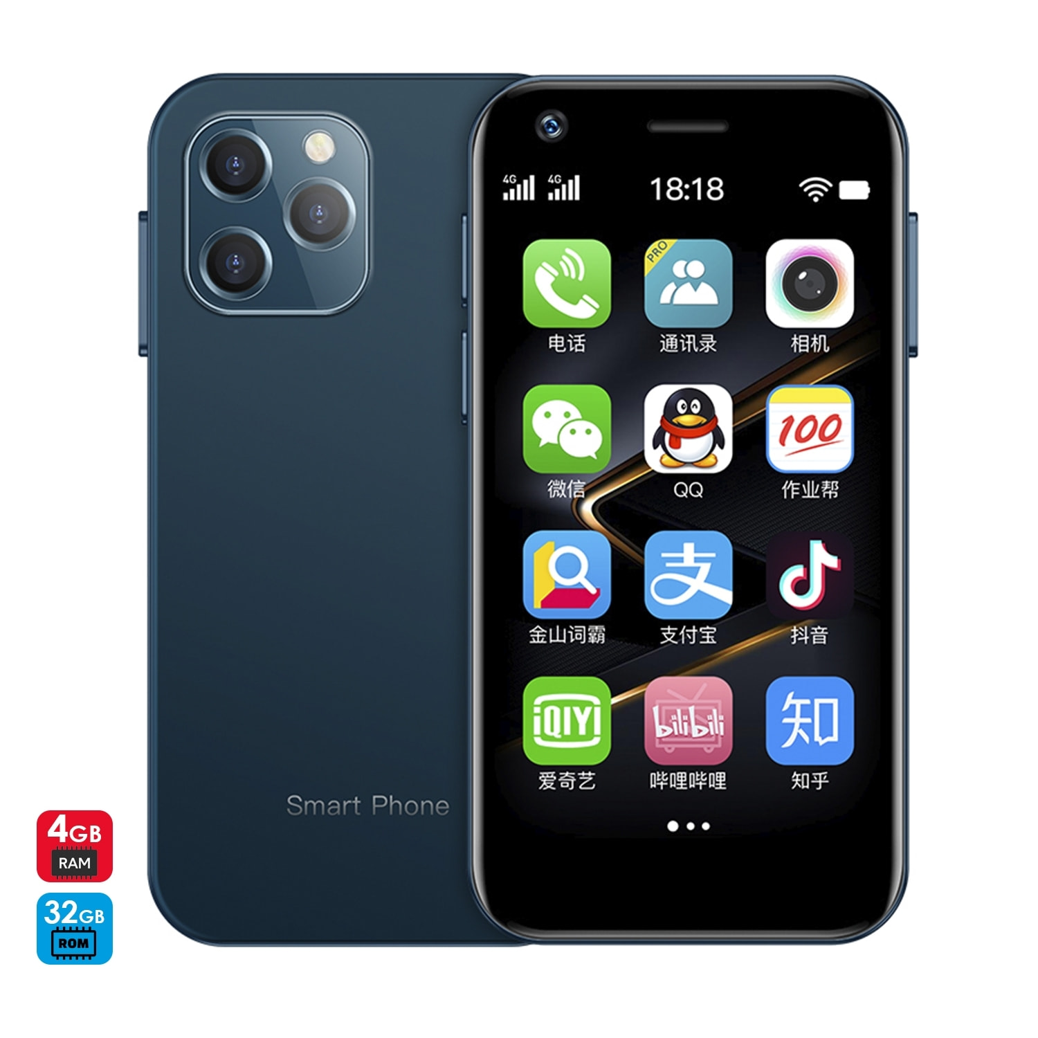 DAM Smartphone  Mini XS12 4G, Android, 4GB RAM + 32GB. Schermo da 3''. Doppia scheda SIM. 4,5x1,1x8,9 cm. Colore: blu scuro