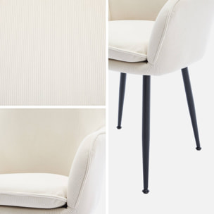 Lot de 2 fauteuils en velours côtelé blanc cassé et pieds en métal noir mat. L 57 x P 59 x H 84.5