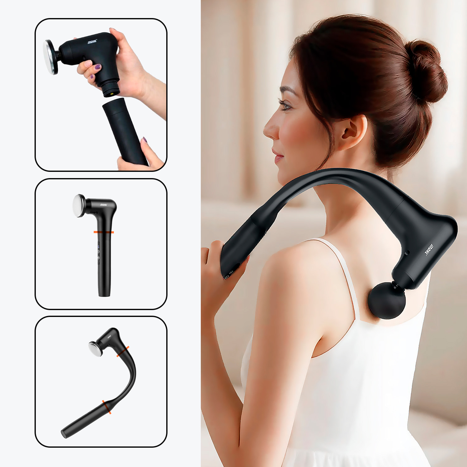 Pistola de masaje fascia MD-XY-10 con 3 programas y 6 velocidades. Incluye cabezal térmico, cabezal de frío, 4 cabezales de masaje y mango alargador.