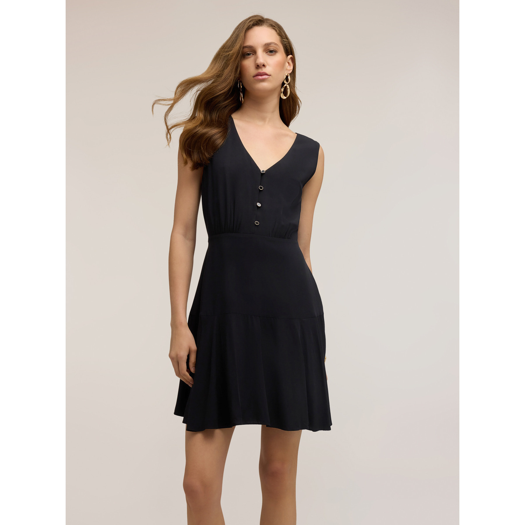 Motivi - Vestido flare en viscosa con cinturón trenzado - Negro