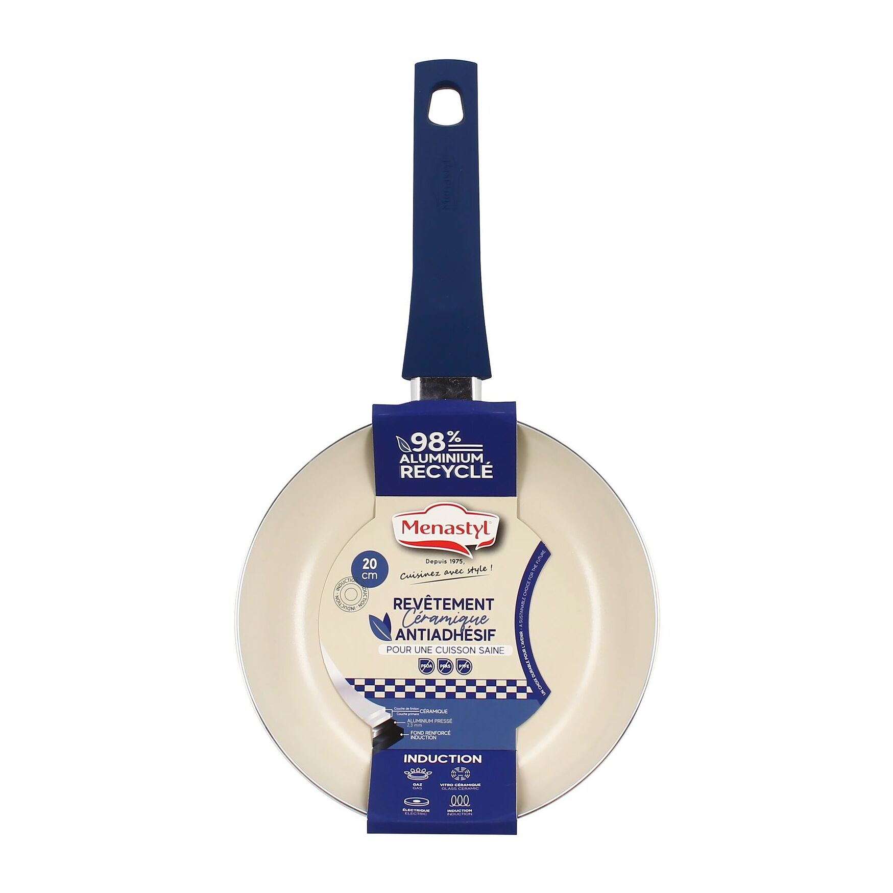 Poêle 20cm en aluminium recyclé et antiadhésif bleu - tout feux GINETTE