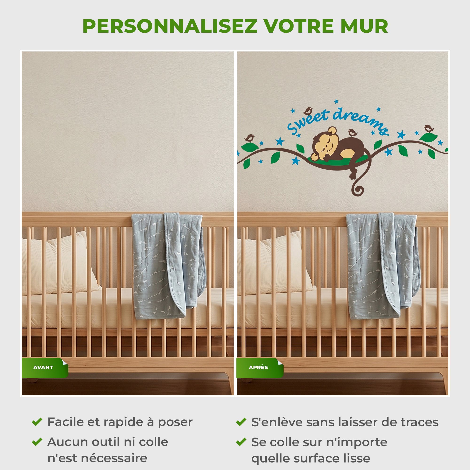 Stickers Muraux décoration adhésifs Singe Dormeur