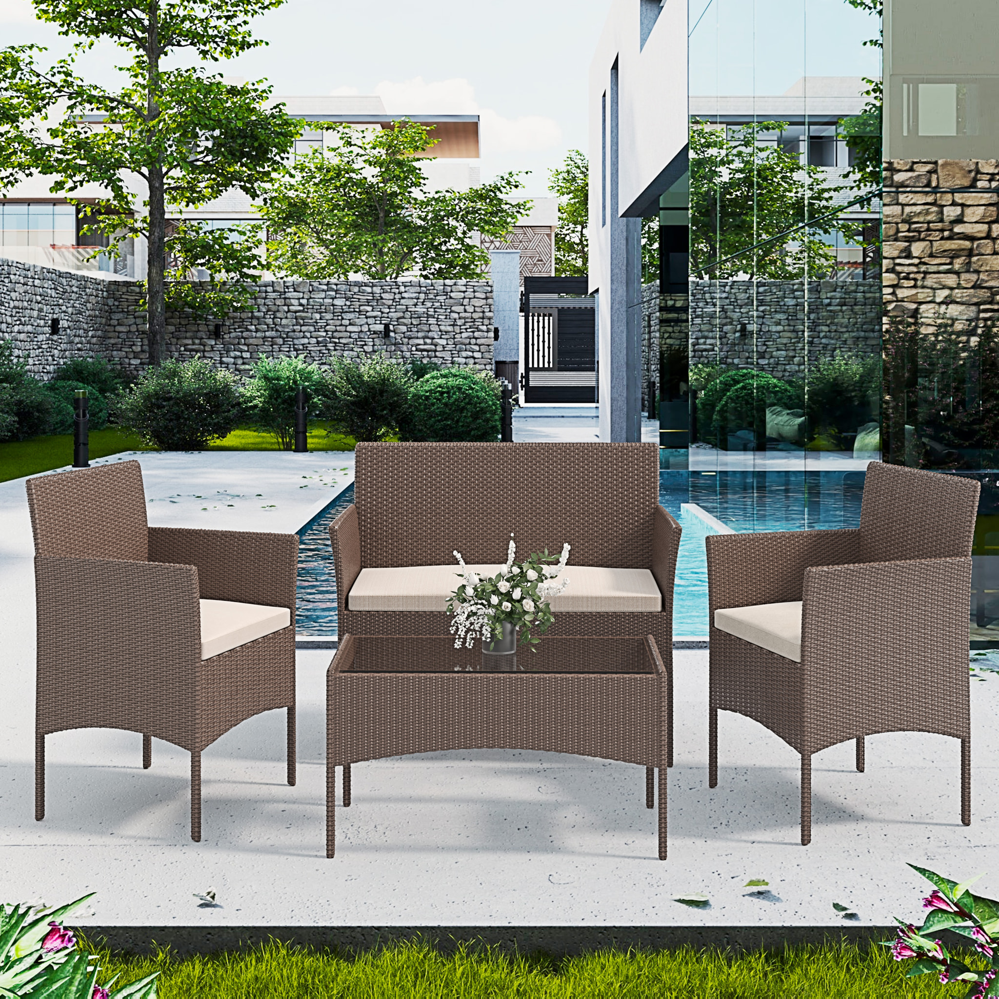 Set Di Mobili da Giardino Salotto Salottino in Rattan 4 Posti con Tavolino Ripiano In Vetro 2 Poltrone Divano 2 Posti Giardino Esterno Cuscini Marrone