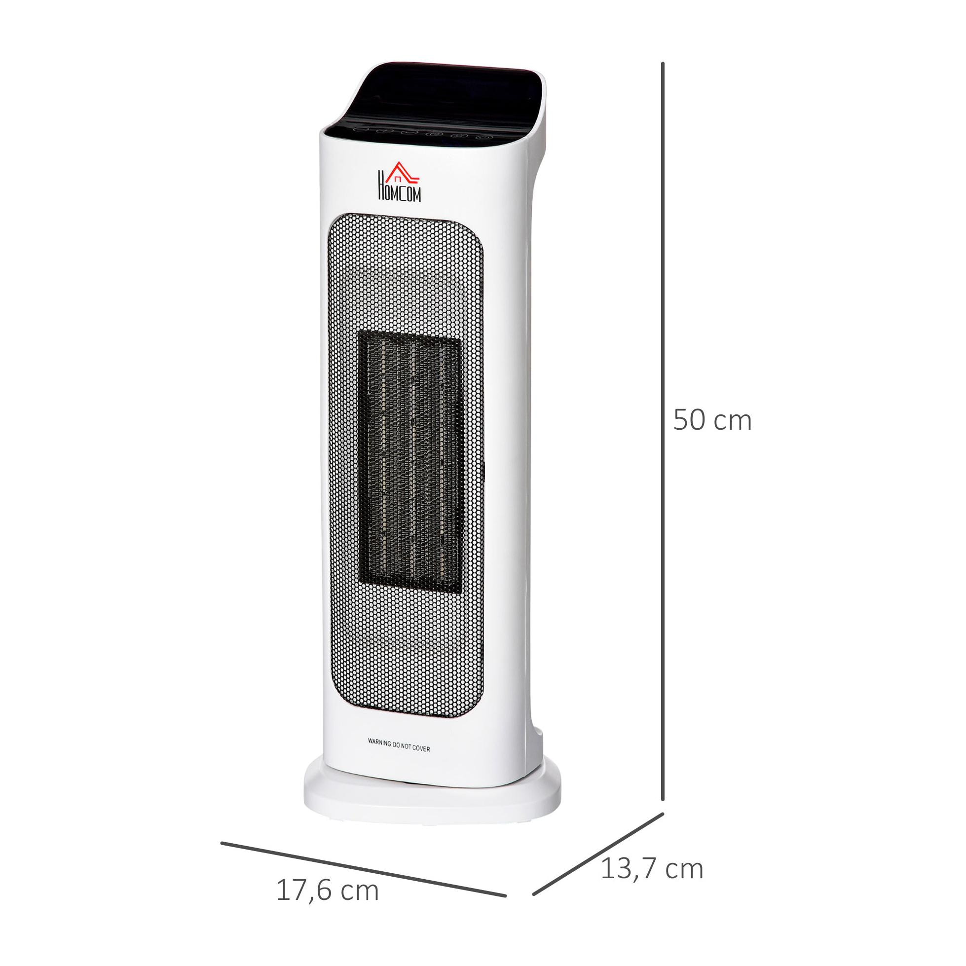 HOMCOM Calefactor Cerámico 1000W/2000W con Mando a Distancia Pantalla LED 3 Modos de Viento Temporizador de 8H Termostato y Oscilación 42° para 25 m² 17,6x13,7x50 cm Blanco