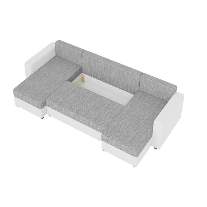 Romy - canapé panoramique en U - 7 places - convertible avec coffre - en tissu et PU - Blanc / Gris
