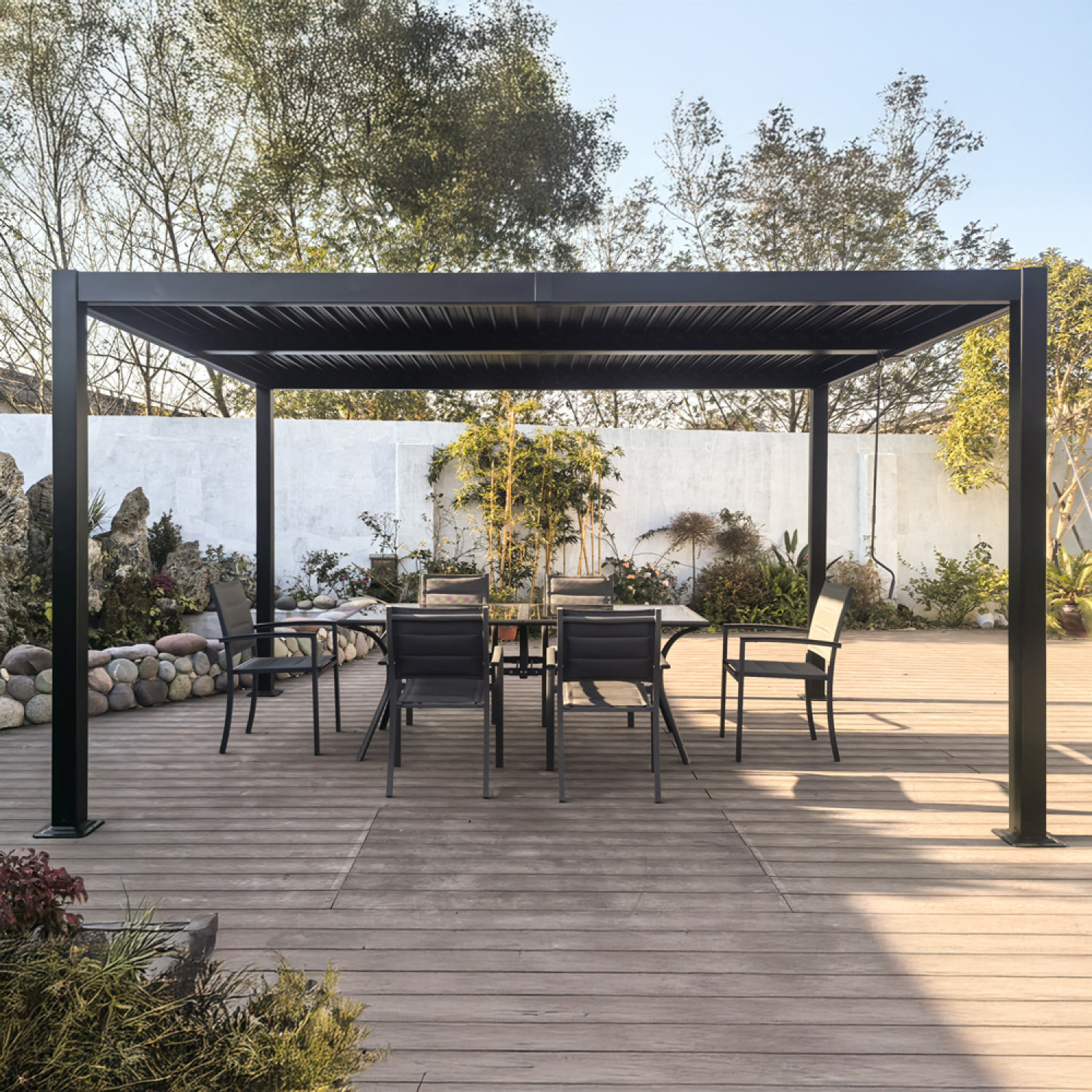 Pergola bioclimatique 4x3m structure et lames en aluminium noir LUAU