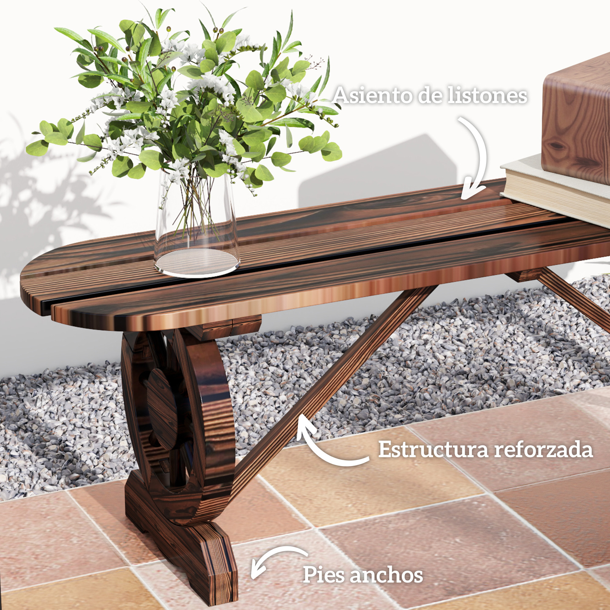 Banco de Jardín de 2 Plazas Banco de Madera con 2 Ruedas Decorativas Estilo Rústico Carga 200 kg para Patio Terraza 120x29x39 cm Carbonizado