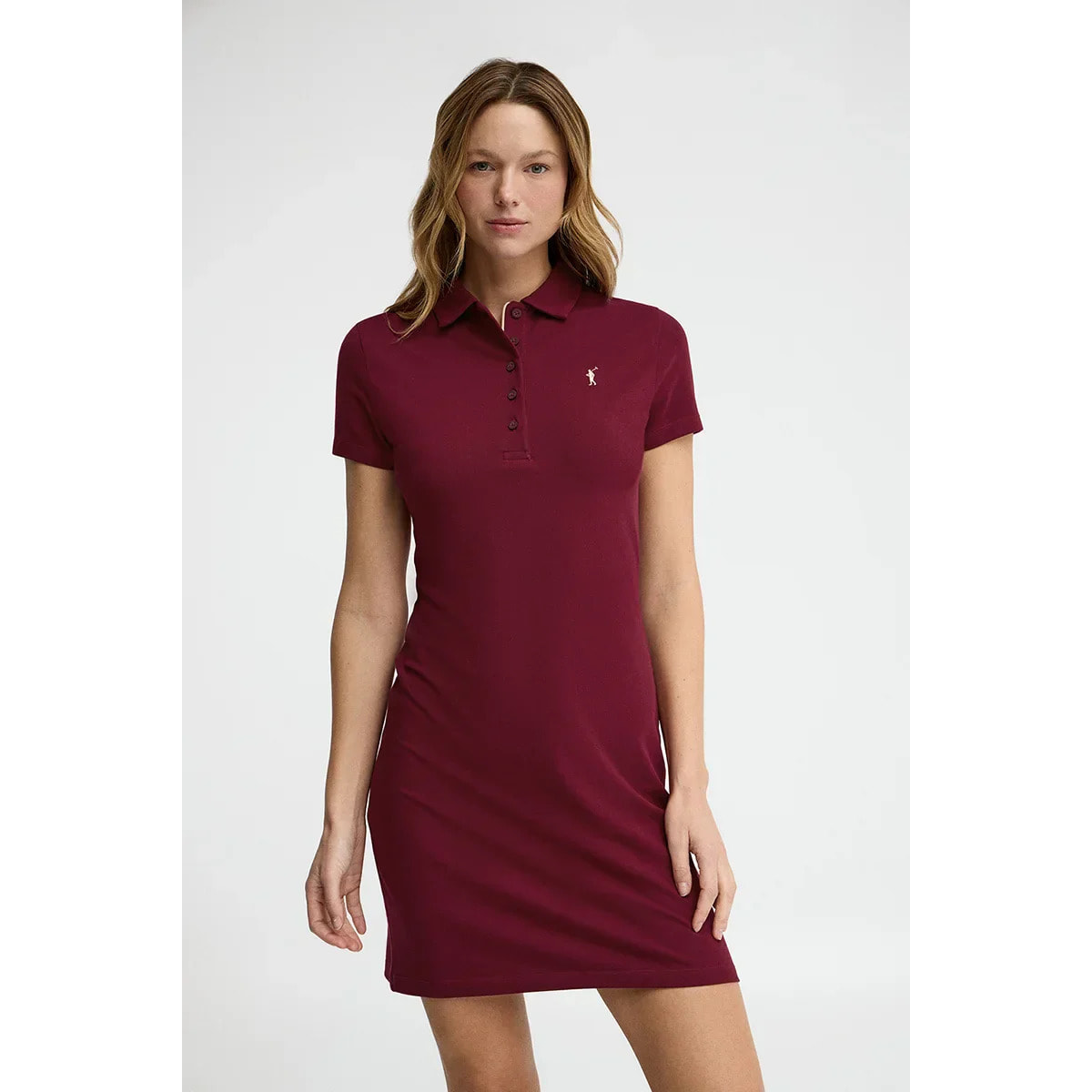 Vestido corto granate de manga corta con cuello polo y logo Rigby Go
